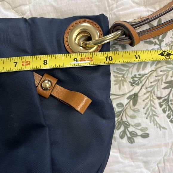 Vince Camuto Cris Blue Nylon Brown Leather Crossbody Tassel Bag Gold - Picture 5 of 6